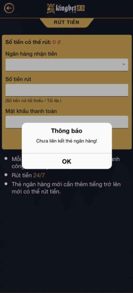 Nếu khách hàng chưa liên kết tài khoản ngân hàng tại bước Nạp tiền, Kingbet86 sẽ thông báo Nếu khách hàng chưa liên kết tài khoản ngân hàng tại bước Nạp tiền, Kingbet86 sẽ thông báo