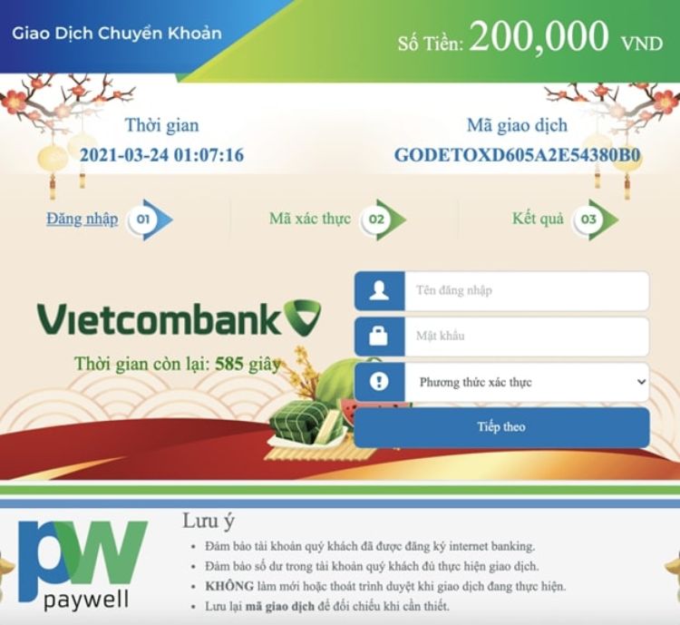 Người chơi sẽ được chuyển tới giao diện chuyển tiền Vietcombank
