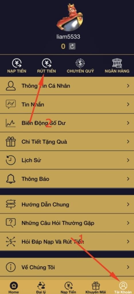 Chọn Rút tiền để tiến hành thực hiện việc giao dịch về tài khoản ngân hàng