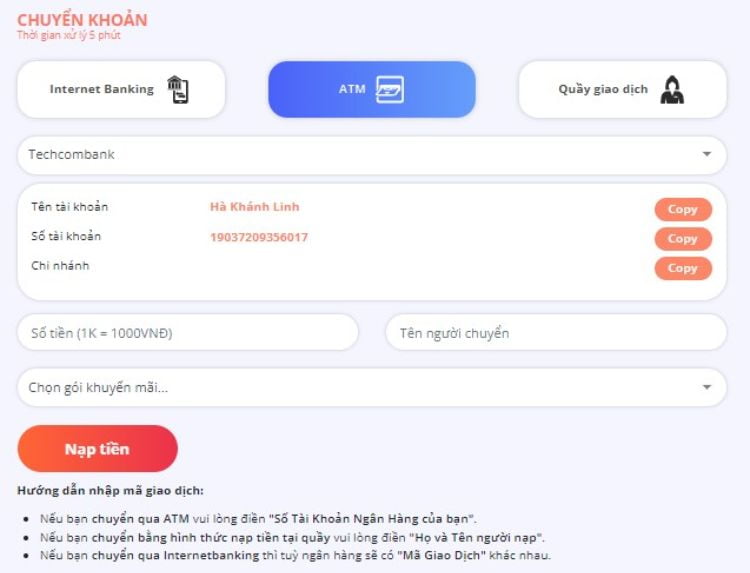 Chuyển khoản giao dịch nạp tiền bằng ATM tại May88 Chuyển khoản giao dịch nạp tiền bằng ATM tại May88