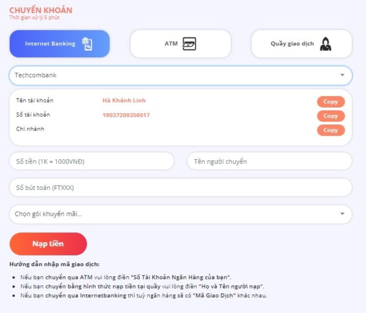 Chuyển khoản giao dịch nạp tiền bằng Internet banking tại May88 Chuyển khoản giao dịch nạp tiền bằng Internet banking tại May88
