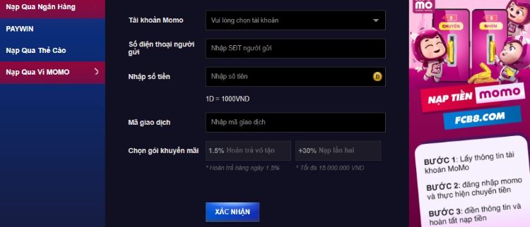 Nạp tiền thông qua Ví điện tử Momo tại nhà cái FCB8 Nạp tiền thông qua Ví điện tử Momo tại nhà cái FCB8