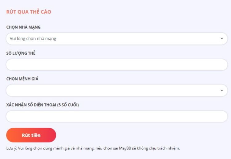 Rút tiền với hình thức bằng thẻ cào điện thoại tại May88 Rút tiền với hình thức bằng thẻ cào điện thoại tại May88