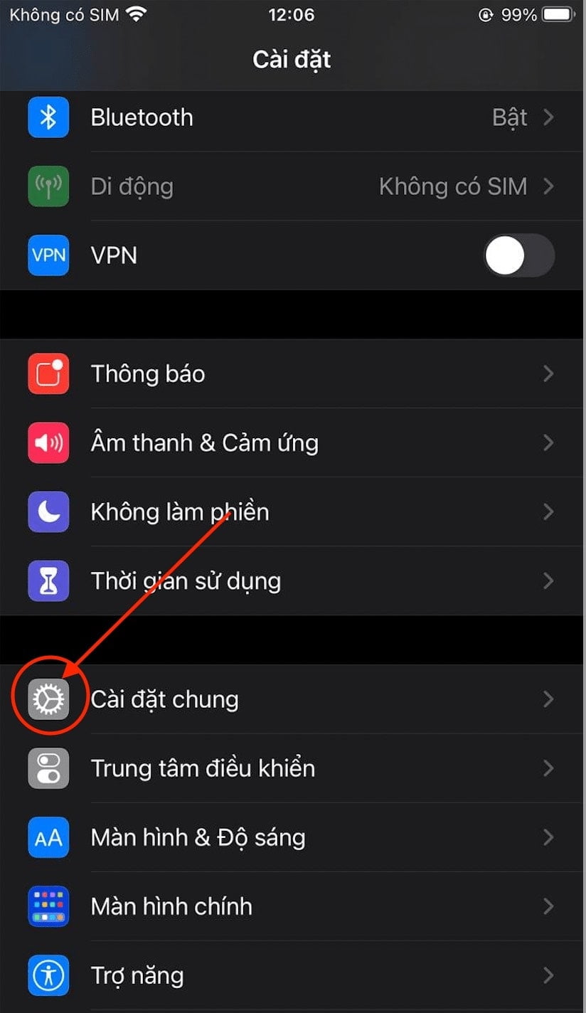 Chọn cài đặt chung trong menu di động Chọn cài đặt chung trong menu di động