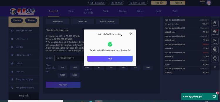 Giống với các phương pháp trên để nạp tiền vào EE88 khách hàng cũng chọn Gửi Giống với các phương pháp trên để nạp tiền vào EE88 khách hàng cũng chọn Gửi