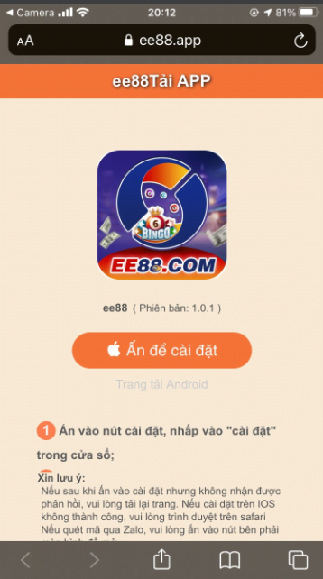 Trên điện thoại Ios, khách hàng chọn vào mục Ấn để cài đặt nhằm tải ứng dụng EE88 Trên điện thoại Ios, khách hàng chọn vào mục Ấn để cài đặt nhằm tải ứng dụng EE88