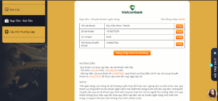 Chuyển khoản theo thông tin giao dịch do Kingbet86 cung cấp Chuyển khoản theo thông tin giao dịch do Kingbet86 cung cấp