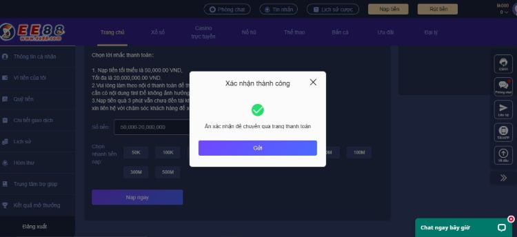 Ấn Gửi để thực hiện thanh toán với EE88 Ấn Gửi để thực hiện thanh toán với EE88