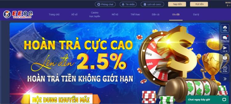 Nhận hoàn trả 2,5% không giới hạn số tiền tại EE88 Nhận hoàn trả 2,5% không giới hạn số tiền tại EE88