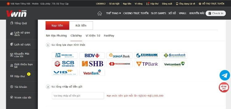 Hội viên Vwin chỉ cần 5 phút thực hiện giao dịch nạp tiền Hội viên Vwin chỉ cần 5 phút thực hiện giao dịch nạp tiền
