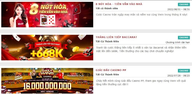 Casino Vwin luôn cập nhật chương trình khuyến mãi đến quý khách