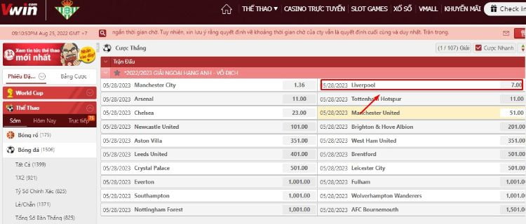 Tại Vwin, nếu bạn dự đoán Liverpool vô địch thì 1 ăn 7