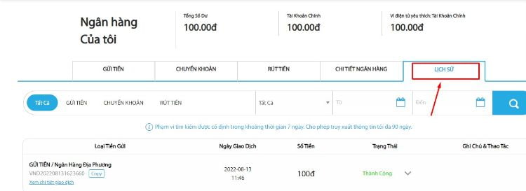 Hội viên có thể kiểm tra trạng thái giao dịch thông qua danh mục Lịch sử Hội viên có thể kiểm tra trạng thái giao dịch thông qua danh mục Lịch sử
