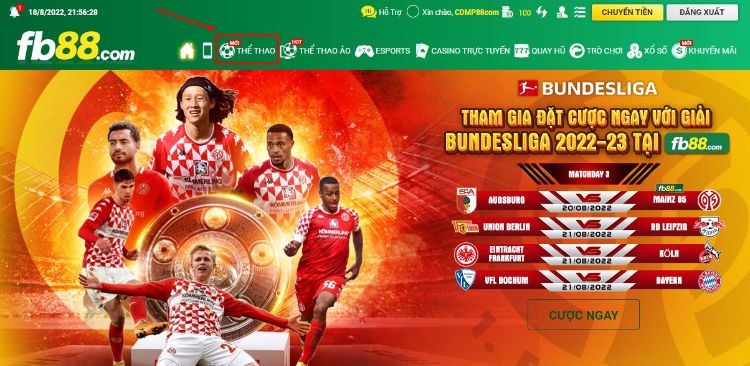 Chọn Thể thao tại danh mục chính FB88 Chọn Thể thao tại danh mục chính FB88