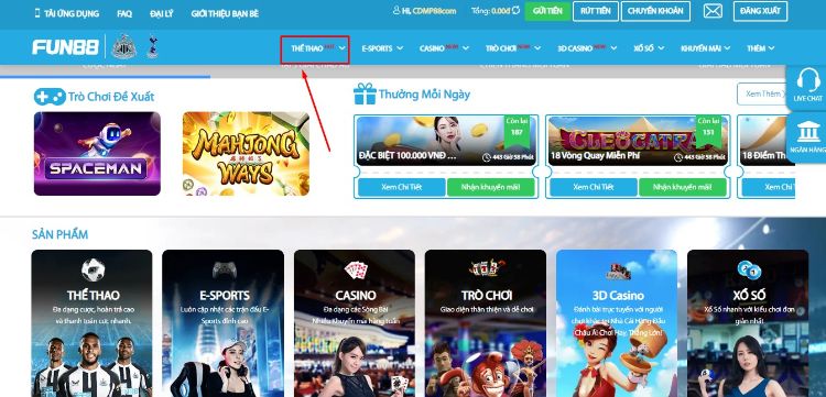 Chọn sảnh Thể thao được FUN88 sắp xếp tại trung tâm giao diện Chọn sảnh Thể thao được FUN88 sắp xếp tại trung tâm giao diện