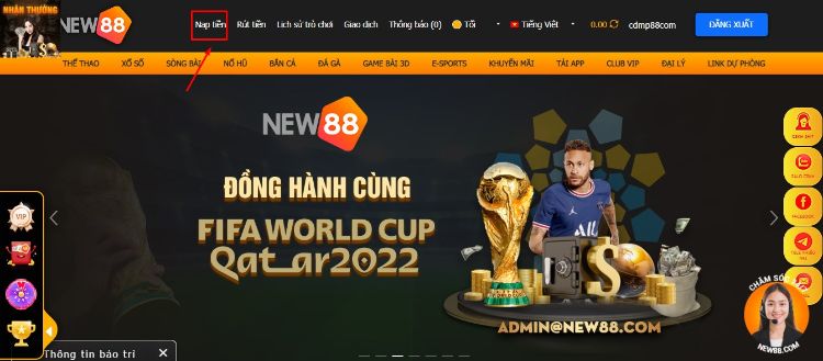 Chọn Nạp tiền ở góc trên giao diện chính New88 Chọn Nạp tiền ở góc trên giao diện chính New88