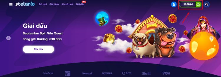 Chọn ô Nạp tiền ở màn hình chính Stelario Casino Chọn ô Nạp tiền ở màn hình chính Stelario Casino