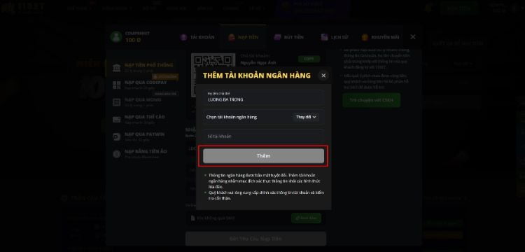 Thêm thông tin tài khoản ngân hàng để giao dịch nhanh chóng hơn tại 11bet Thêm thông tin tài khoản ngân hàng để giao dịch nhanh chóng hơn tại 11bet