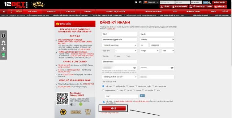 Nhấn vào ô Gửi để hoàn tất quy trình tạo tài khoản tại 12bet Nhấn vào ô Gửi để hoàn tất quy trình tạo tài khoản tại 12bet