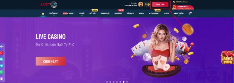 Ấn vào ô Nạp tiền ở trang chủ nhà cái Lucky88 Ấn vào ô Nạp tiền ở trang chủ nhà cái Lucky88