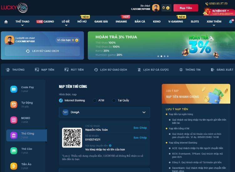 Chọn phương thức giao dịch nạp tiền Lucky88 Chọn phương thức giao dịch nạp tiền Lucky88