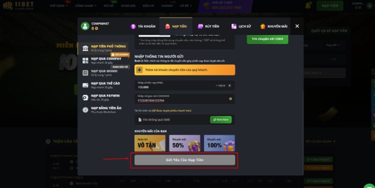 Click Gửi yêu cầu nạp tiền để tạo phiếu nạp tiền 11bet Click Gửi yêu cầu nạp tiền để tạo phiếu nạp tiền 11bet