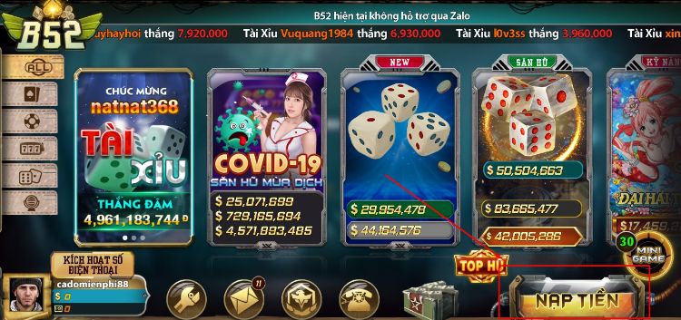 Ấn Nạp tiền tại góc phải phía dưới màn hình B52 Club Ấn Nạp tiền tại góc phải phía dưới màn hình B52 Club