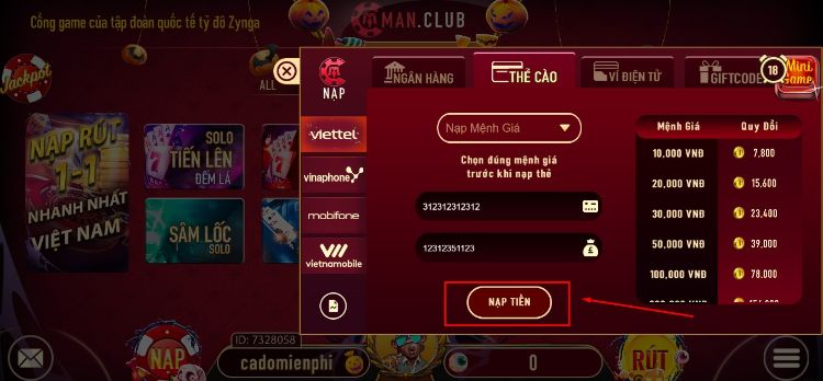 Kiểm tra lại thông tin và ấn Nạp tiền Kiểm tra lại thông tin và ấn Nạp tiền